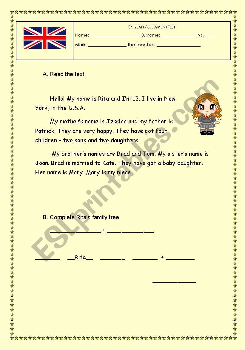 reading worksheet about family