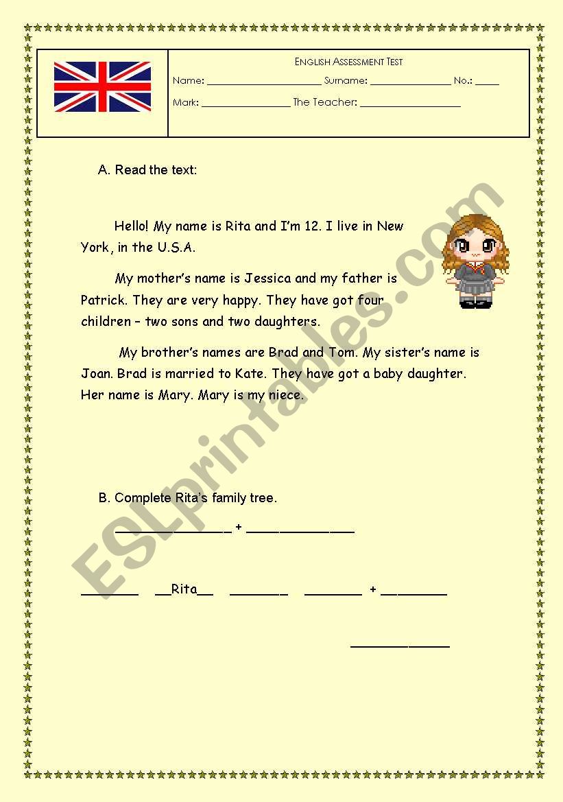 Family Reading Comprehension worksheet