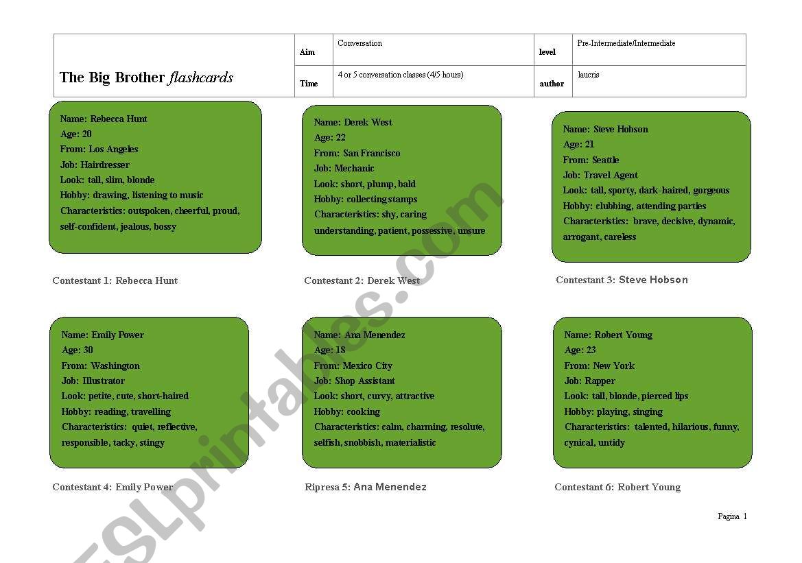 Big Brother Activity worksheet