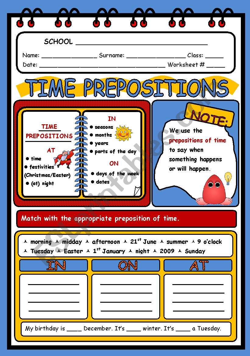 TIME PREPOSITIONS - 2 PAGES worksheet