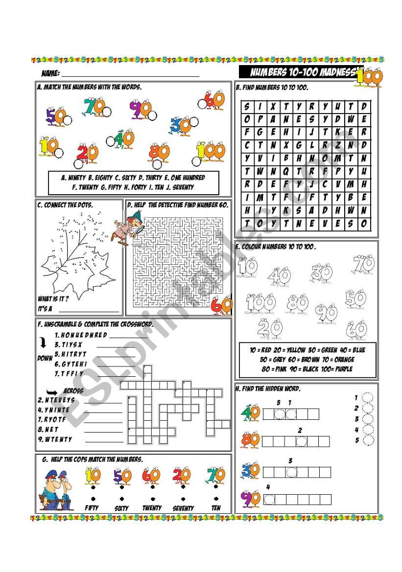 Numbers 10-100 Madness worksheet