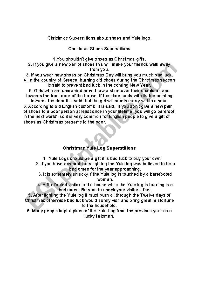 Christmas Superstitions reading comprehension and fill in 