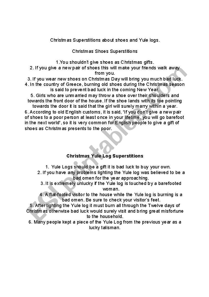 Christmas Superstitions reading comprehension and fill in 