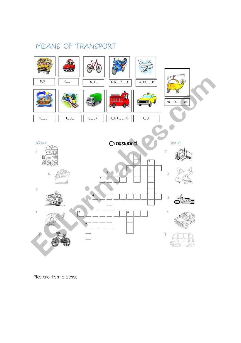 Means of transports crossword worksheet