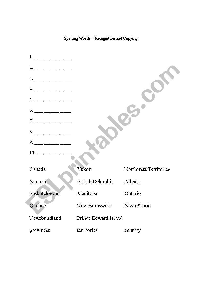 Provinces Quiz with word list (recognition and copying)