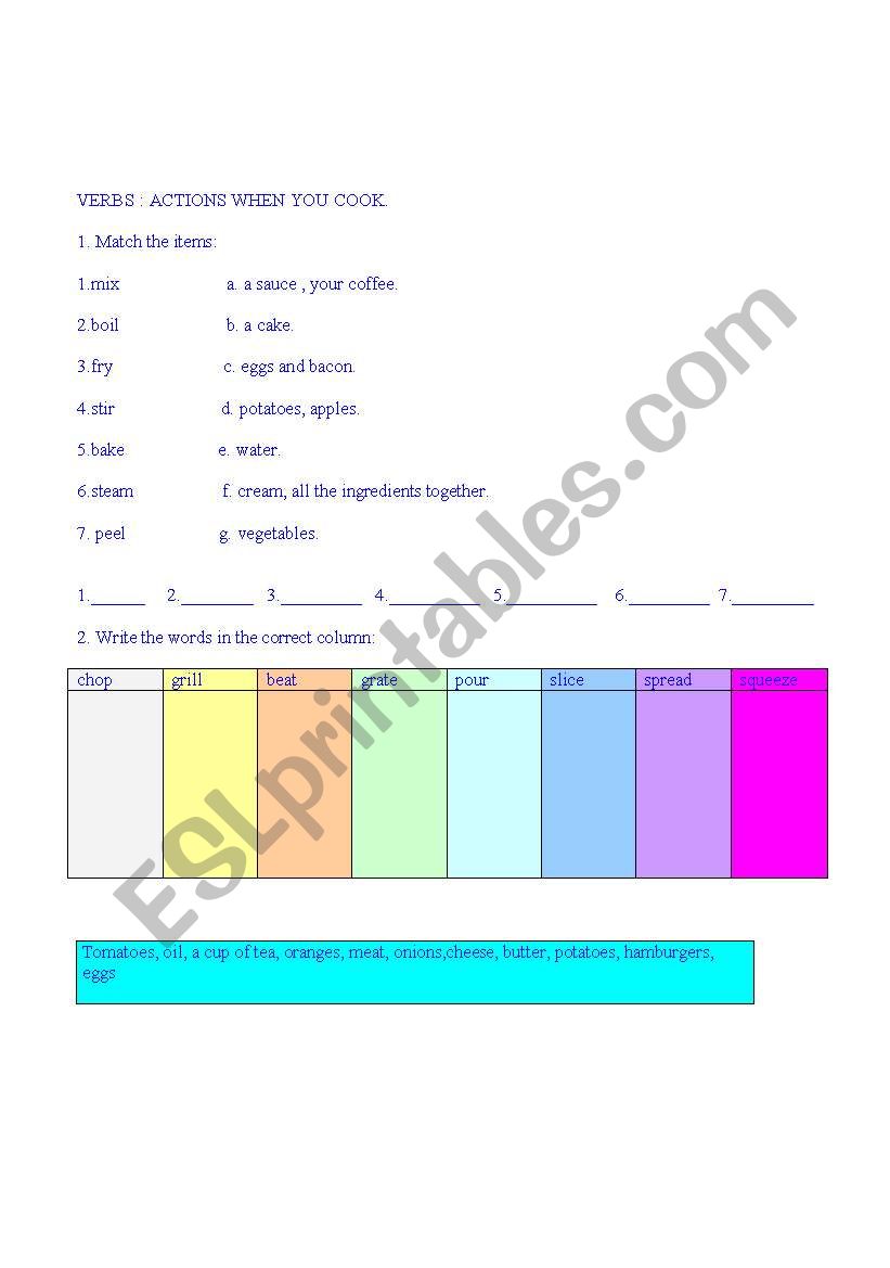 verbs: actions when you cook worksheet