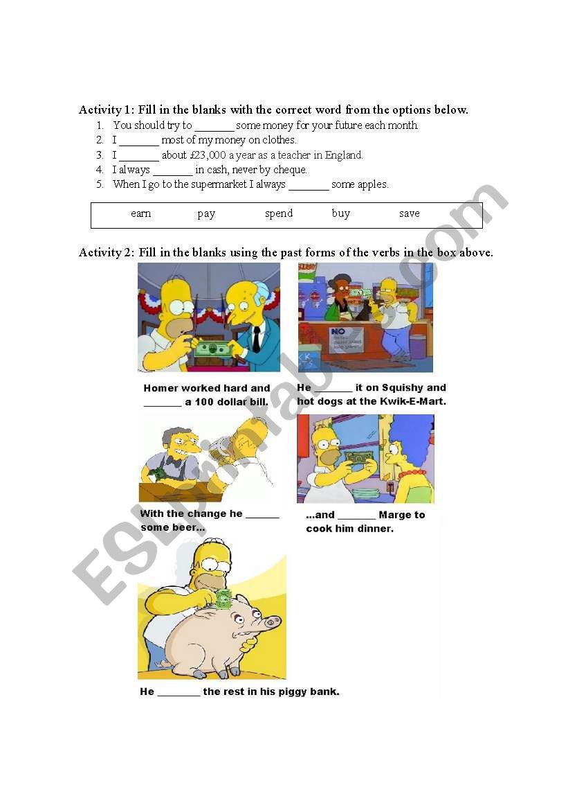 Money Verbs worksheet