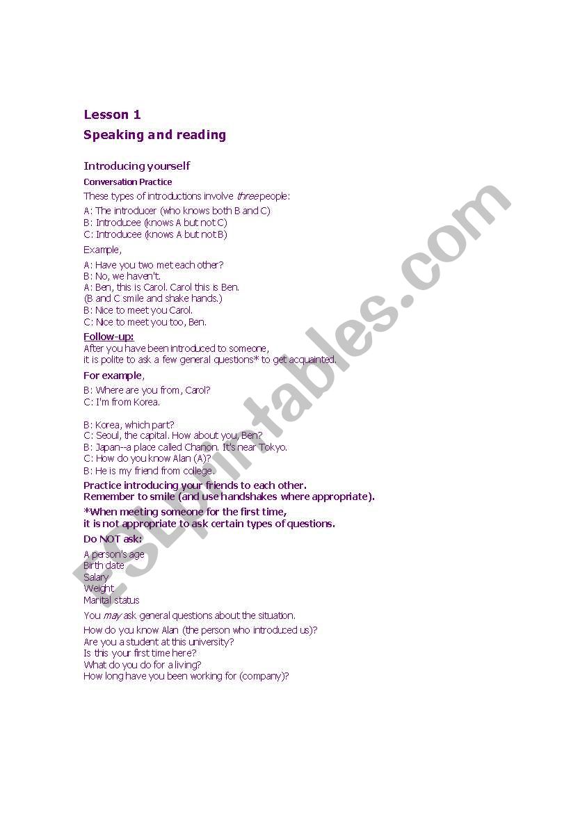 Reading and listening skills worksheet