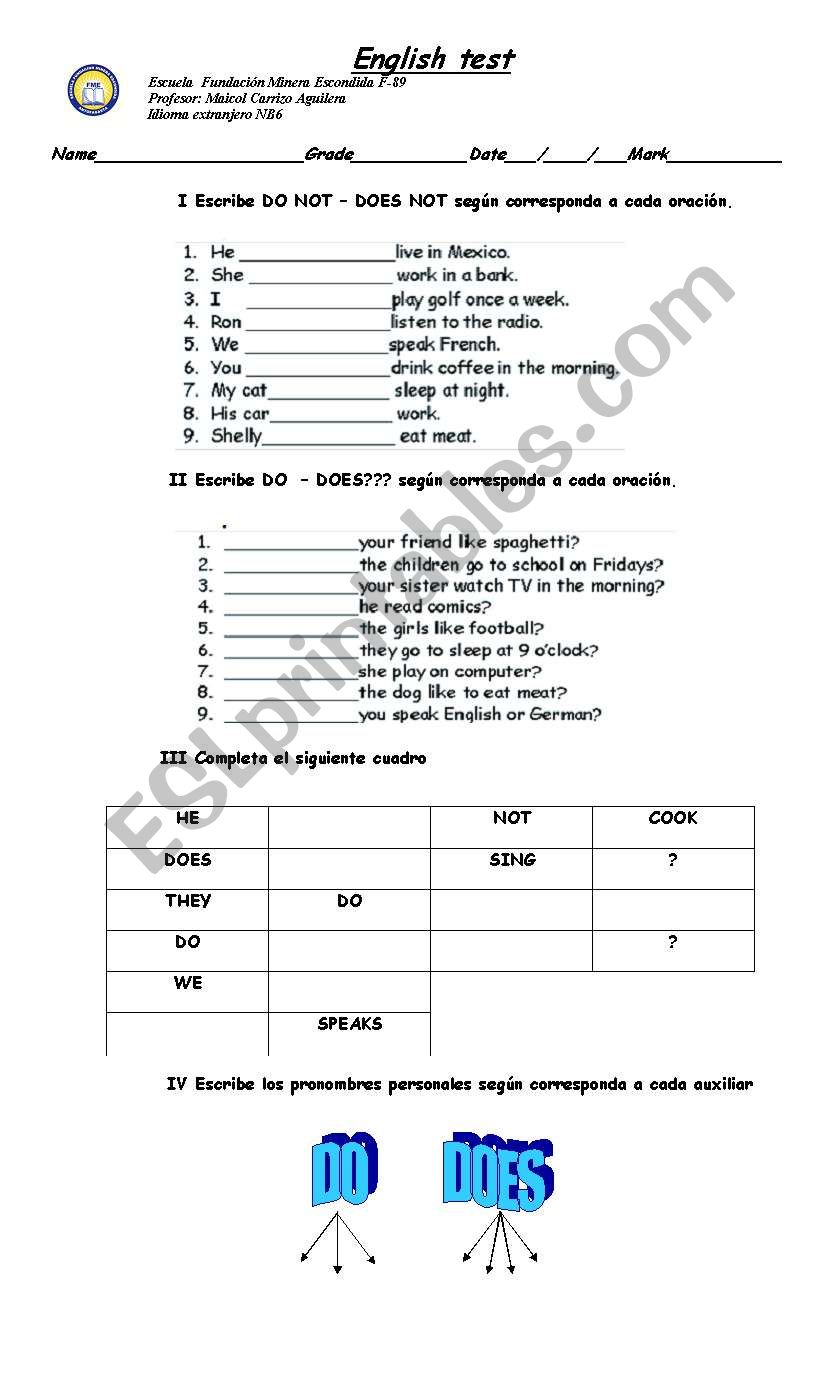 englisg test worksheet
