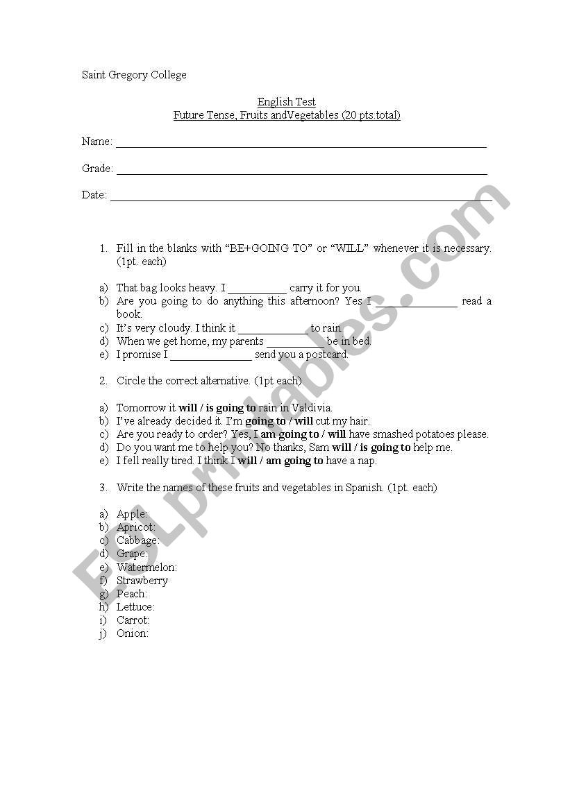 future tense and vegetables test