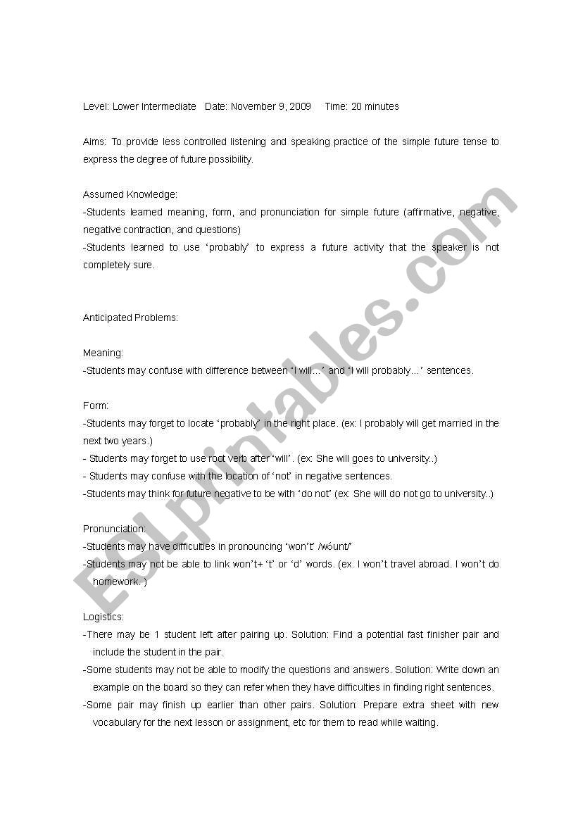 Activity Plan for will+root verb