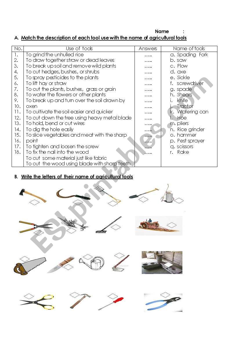 agricultural tools worksheet