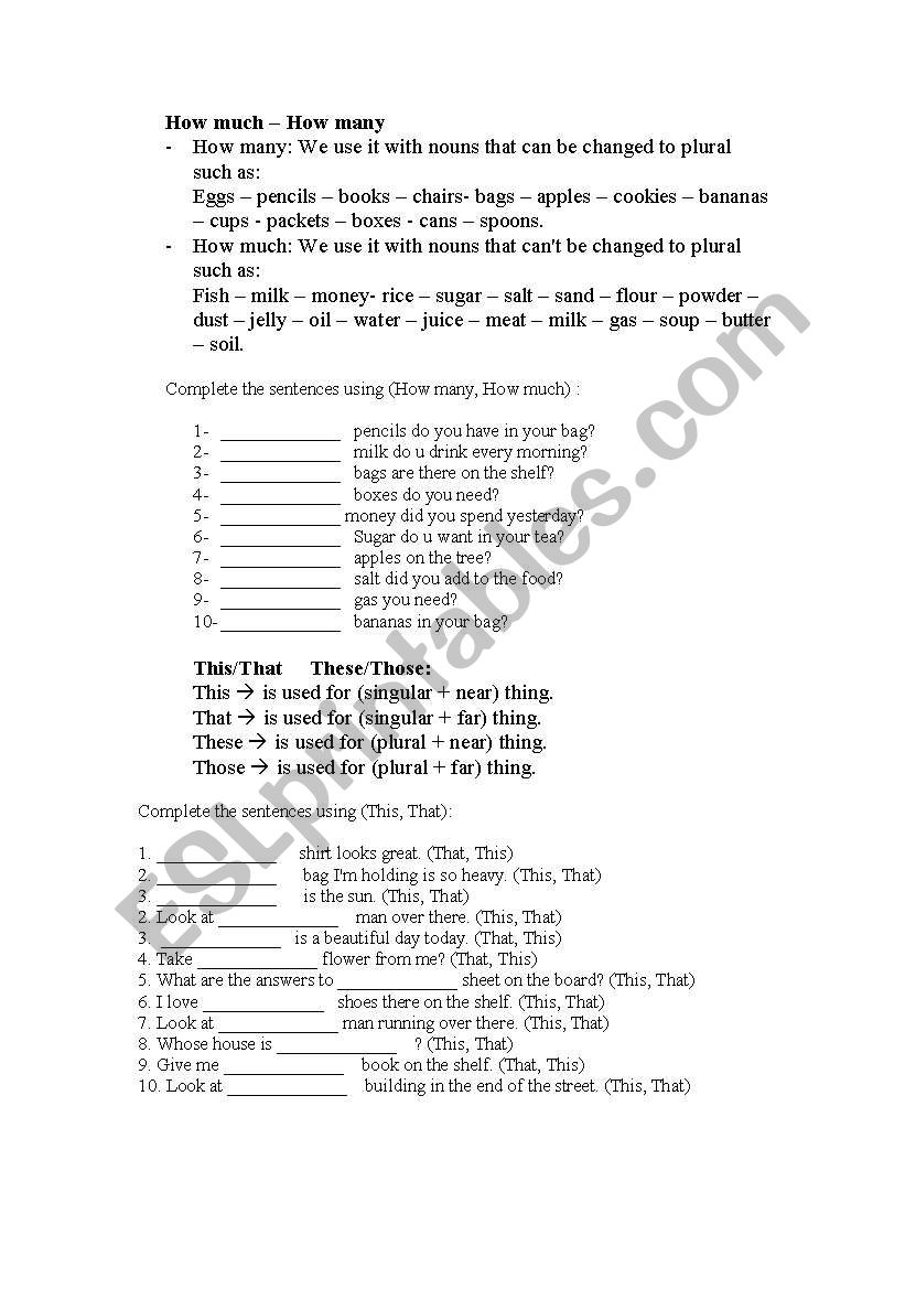 how much worksheet