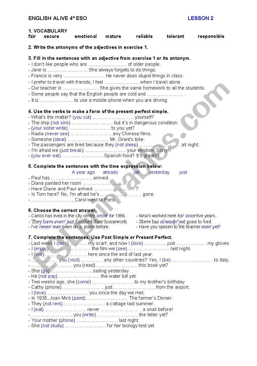 ENGLISH ALIVE 4 ESO - PRACTICE TEST - UNIT 2