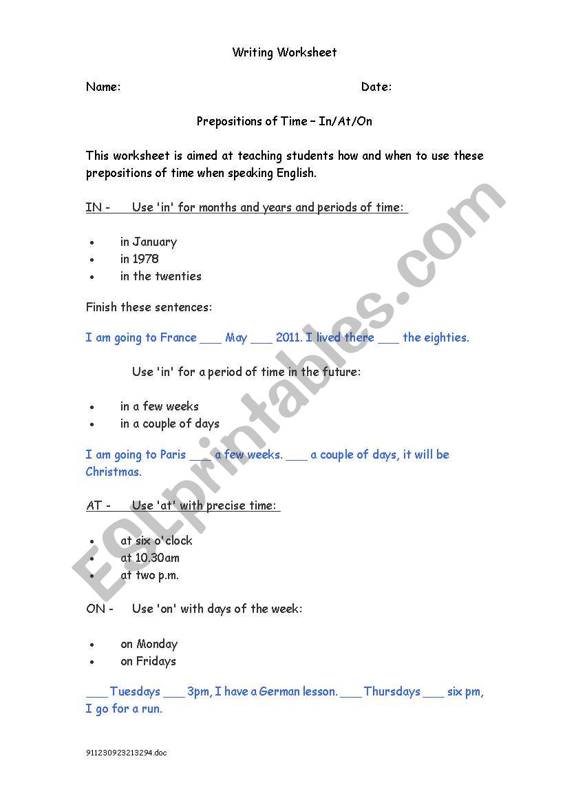 Prepositions of Time worksheet