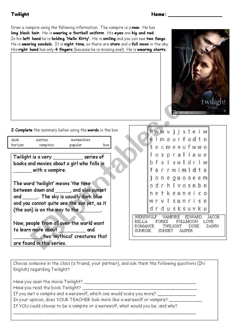 Twilight - Reading, Drawing, Partner Interview...and a Word Search!