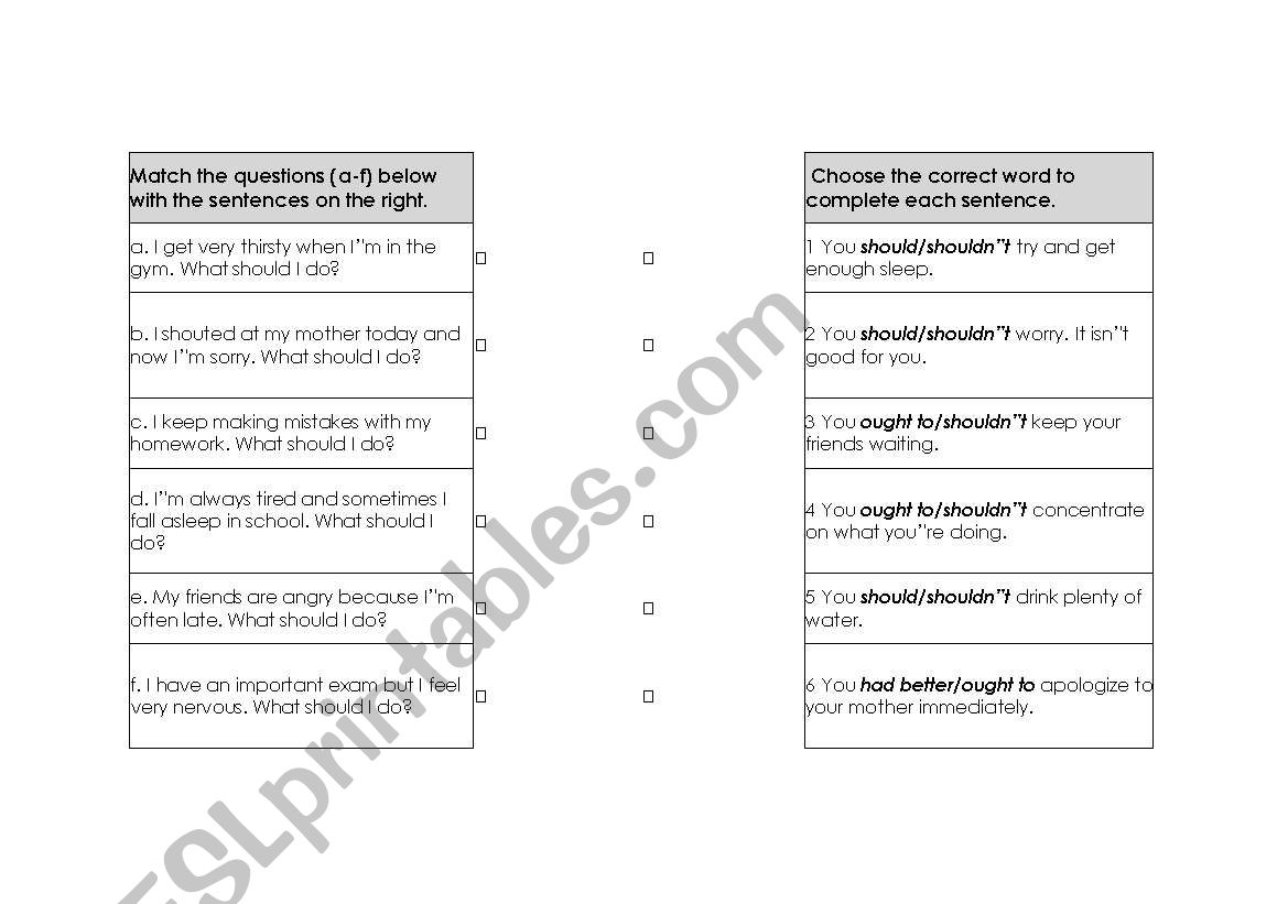 matching exercise modal worksheet