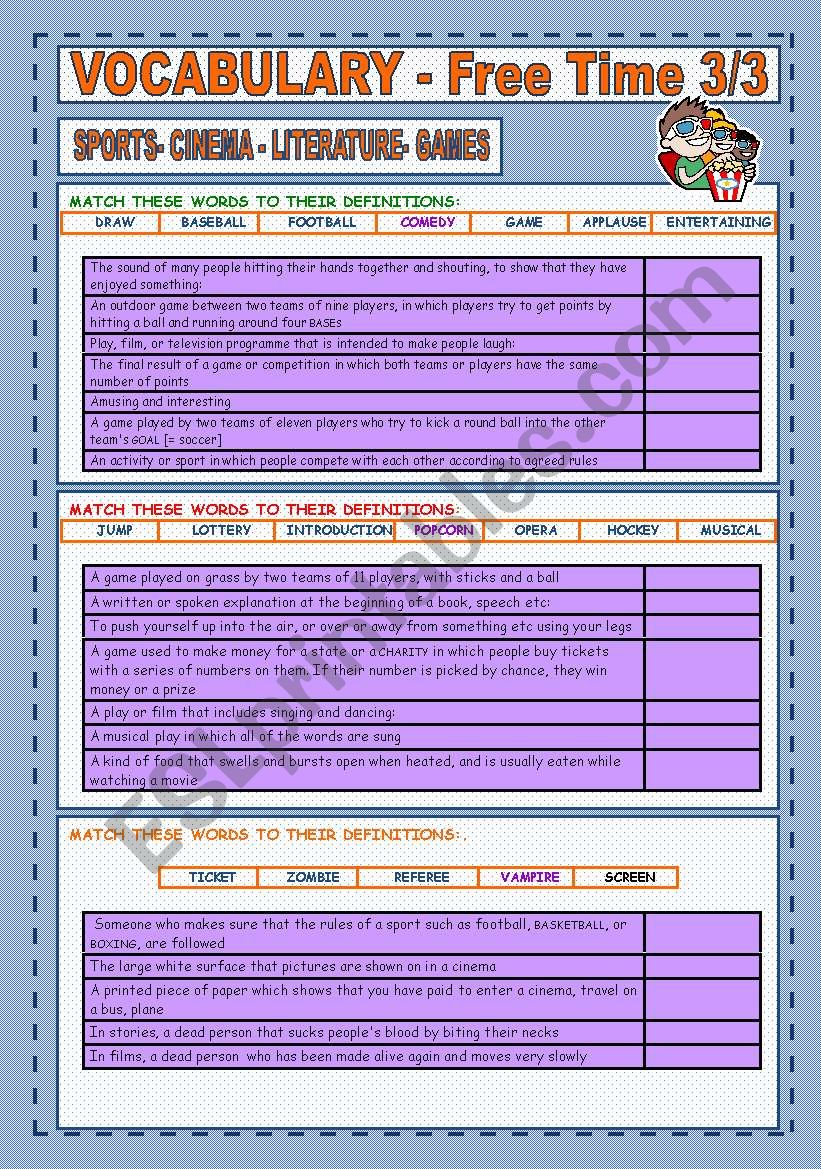 VOCABULARY: SPORTS, CINEMA, LITERATURE, MUSIC AND GAMES ( 3/3)