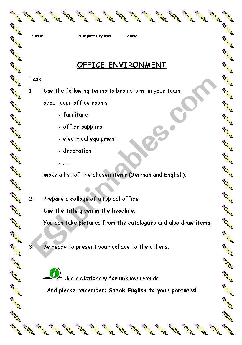 Office environment worksheet