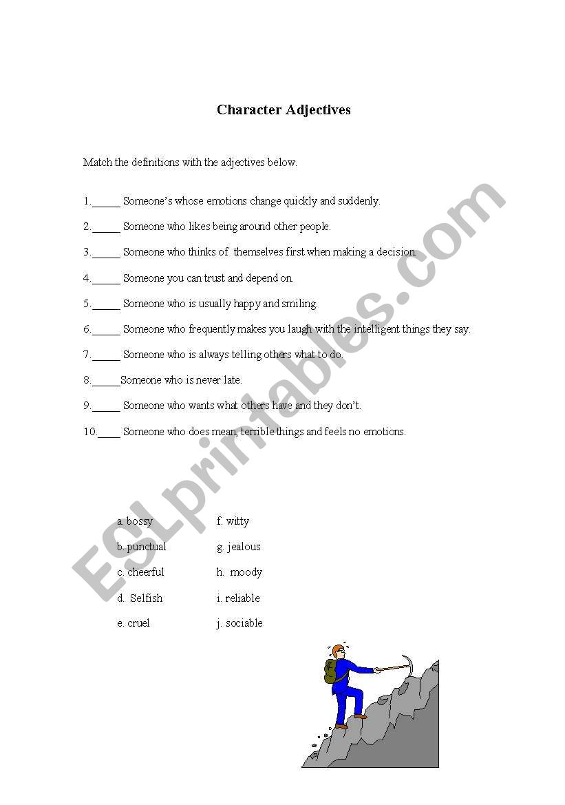 Character Adjectives worksheet