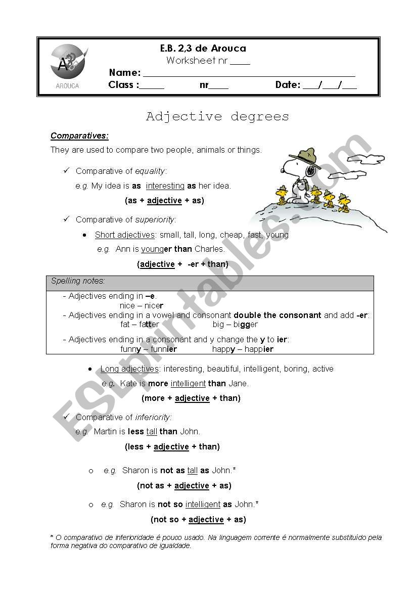Adjective degress worksheet