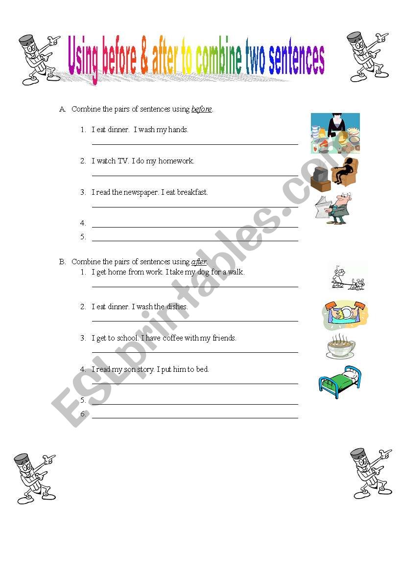 English Worksheets Using Before After To Combine Two Sentences