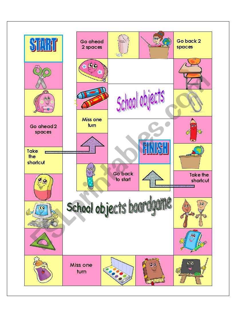School objects board game worksheet