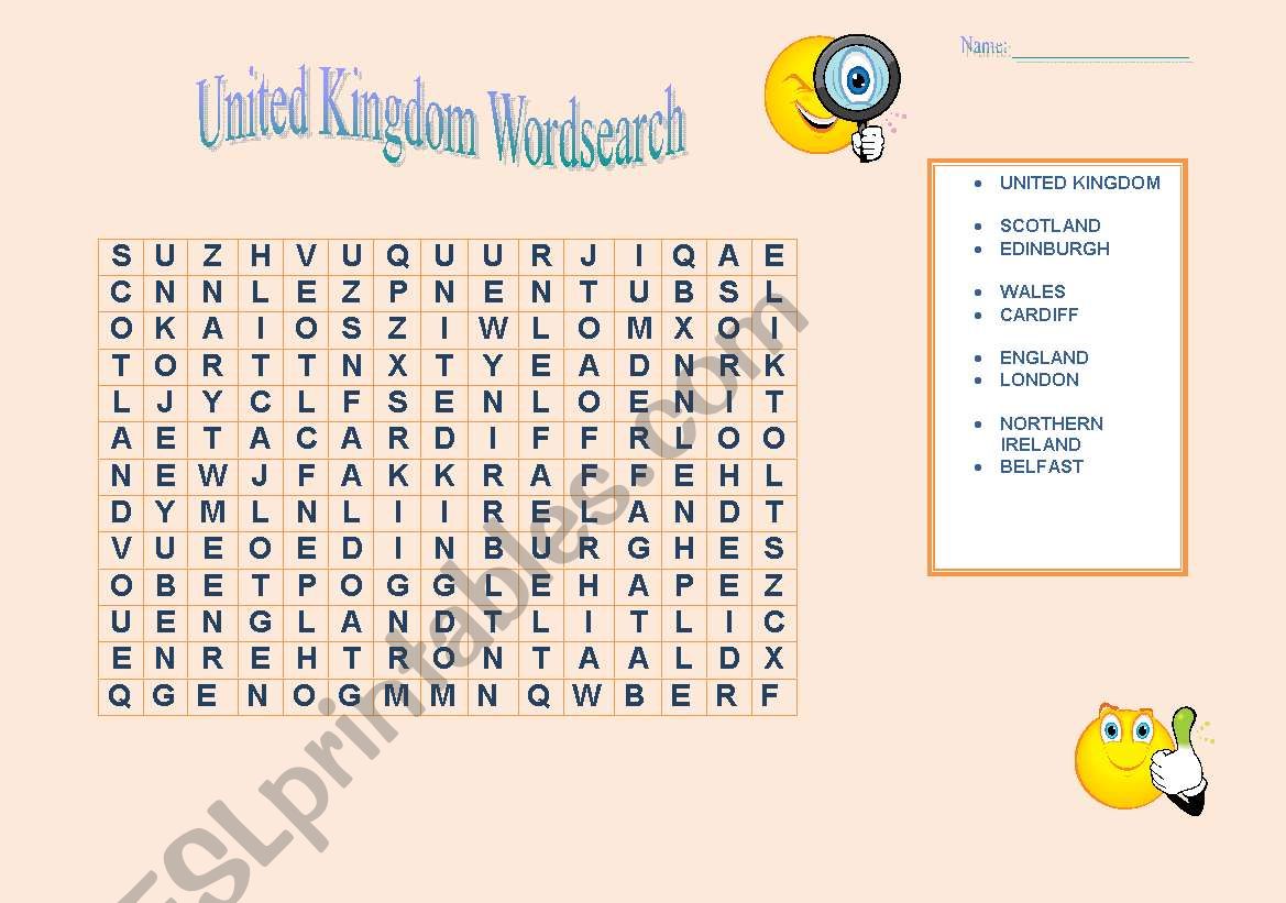 United Kingdom Wordsearch worksheet