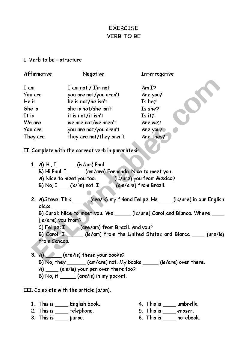 Verb to Be exercises worksheet