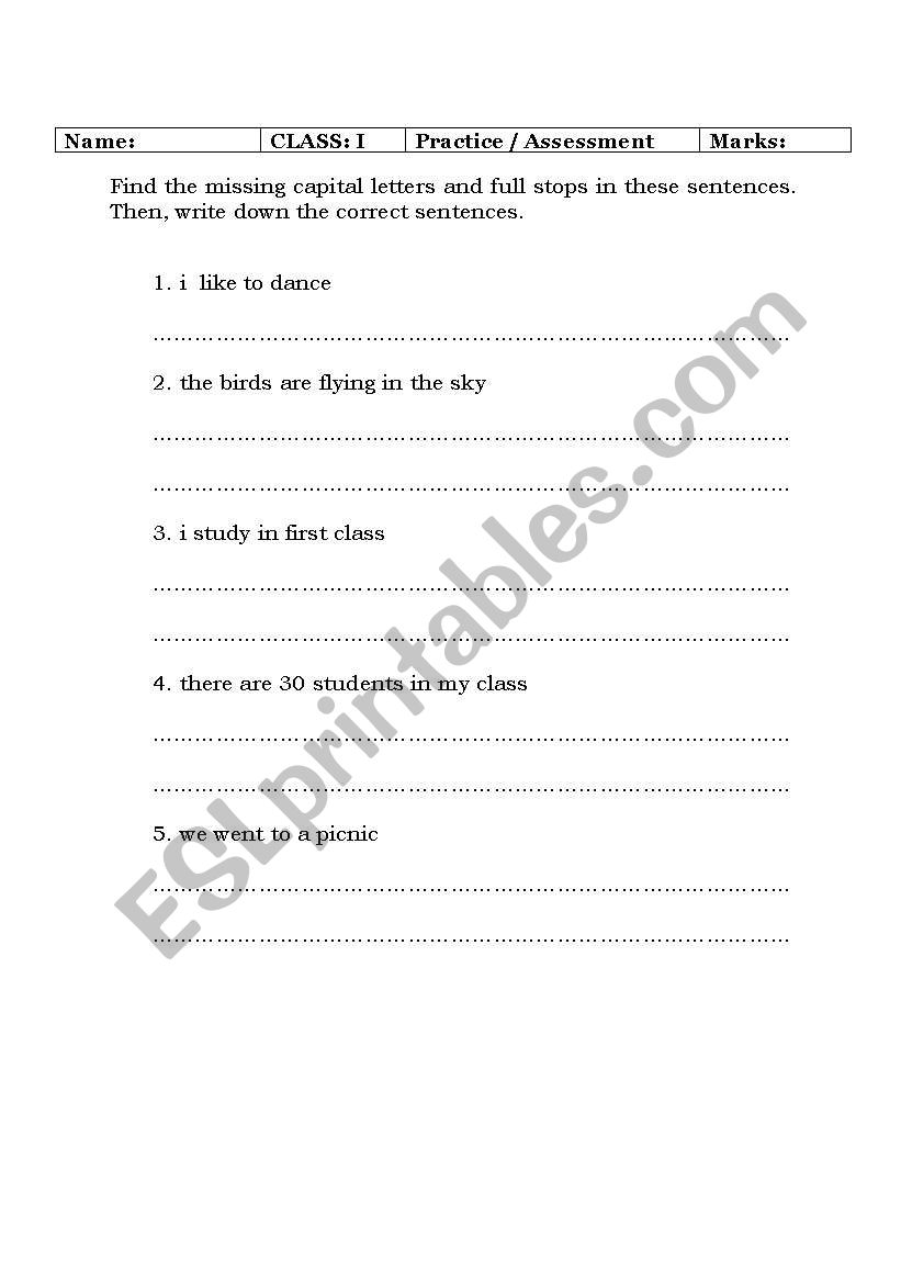 Capital letter and full stop worksheet