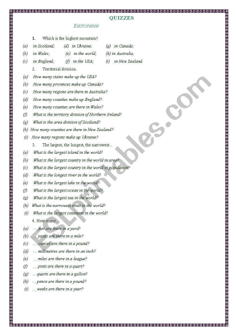 Country Study Quizz worksheet
