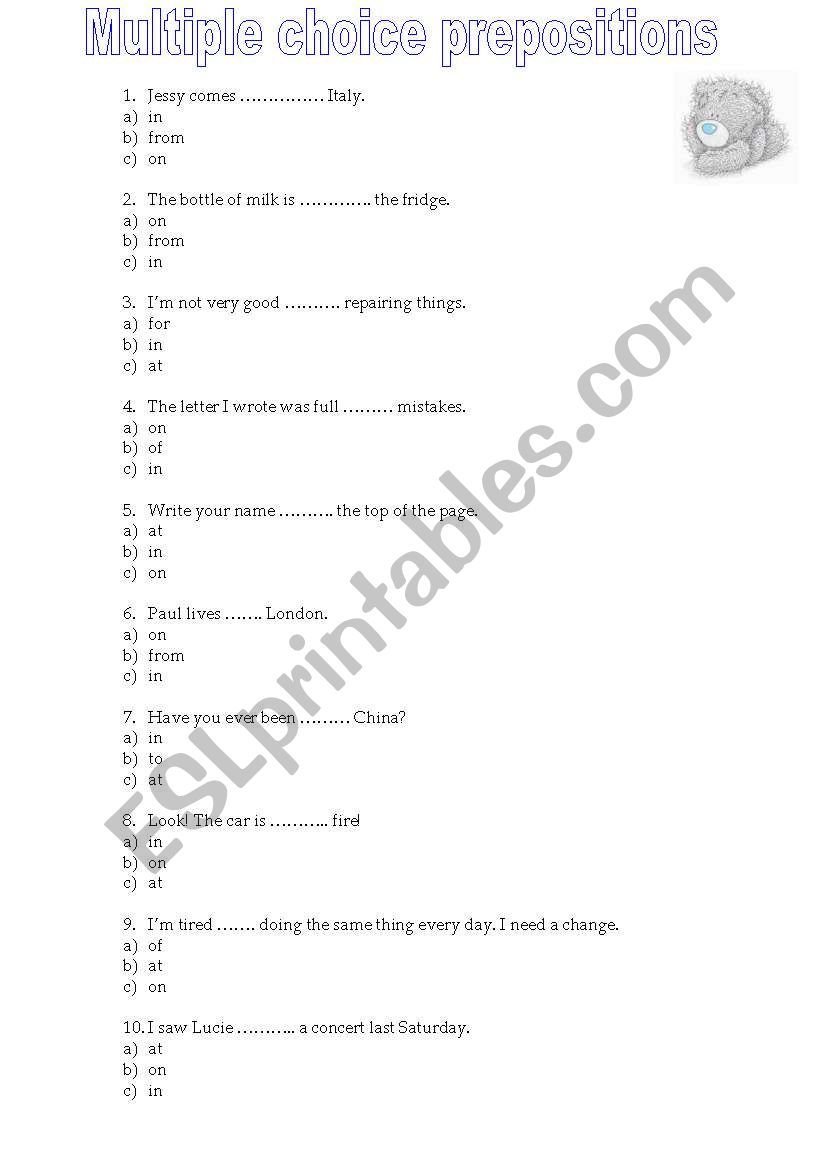 Multiple choice prepositions worksheet