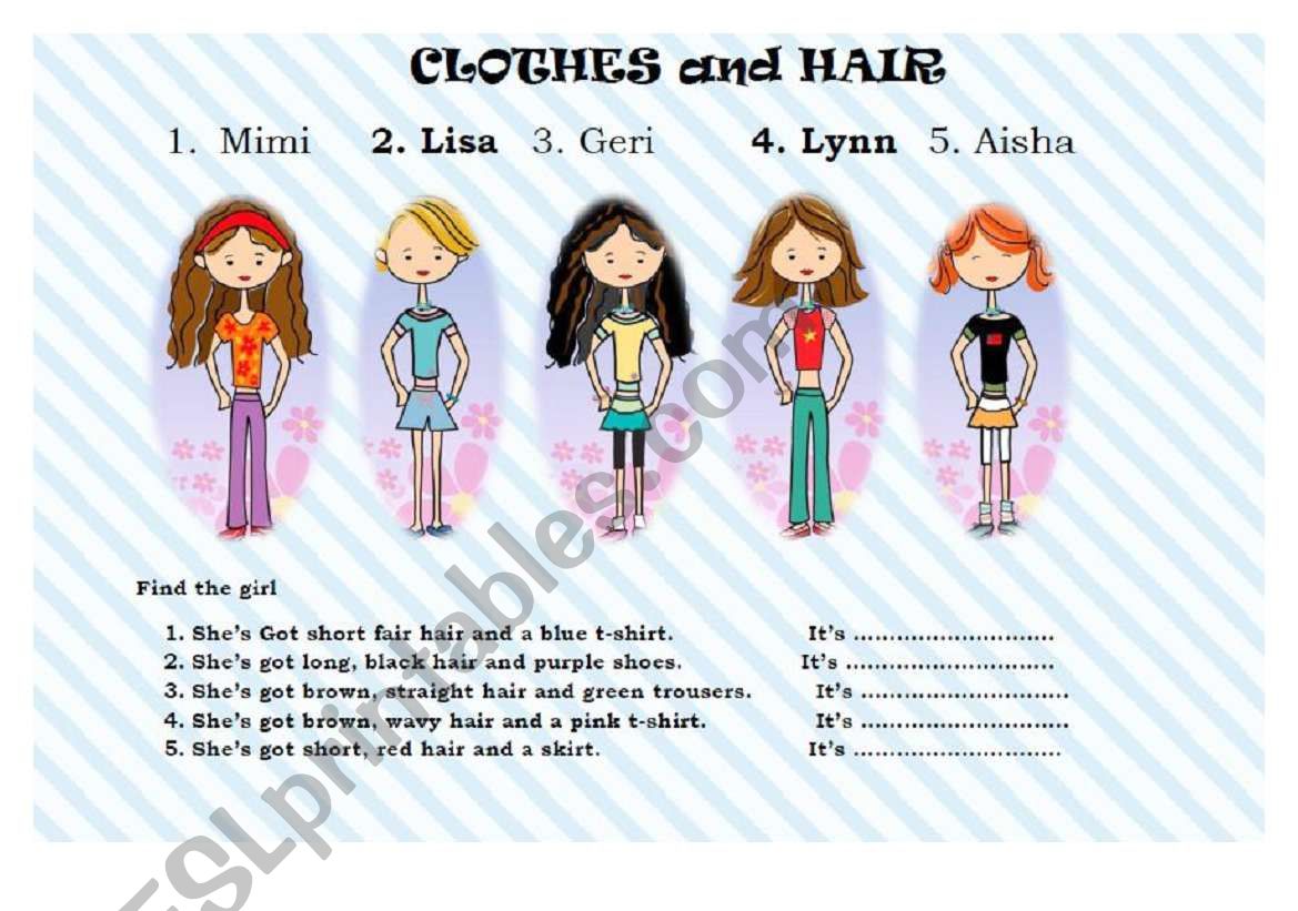 Clothes and hair worksheet