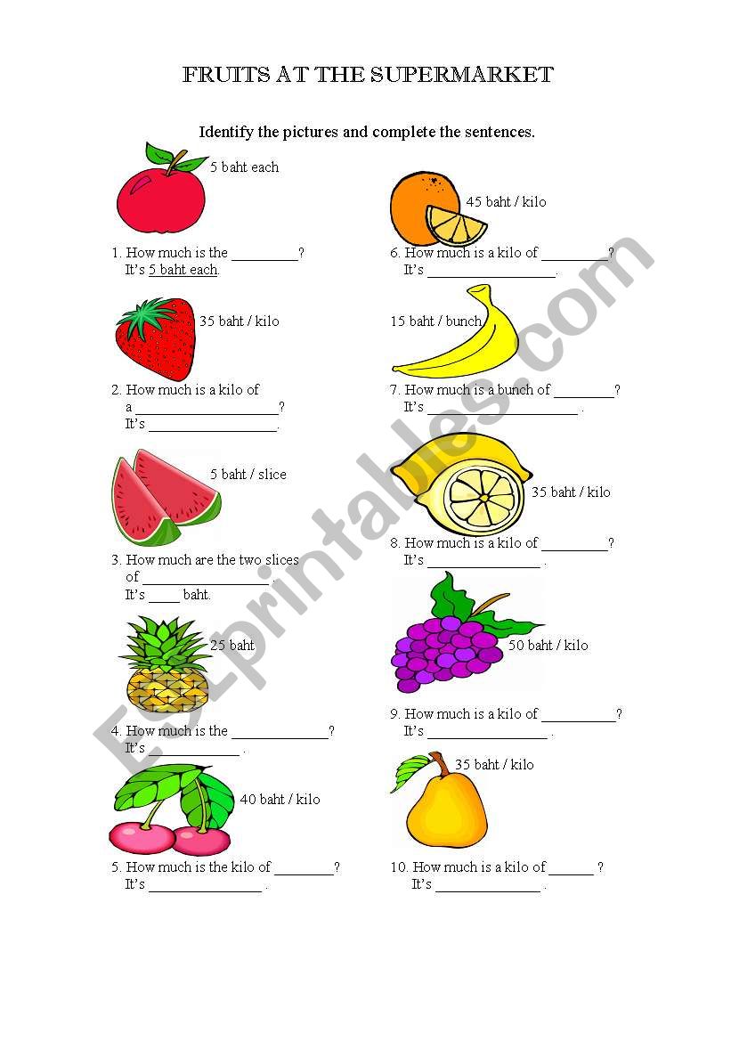 FRUITS AT THE SUPERMARKET worksheet