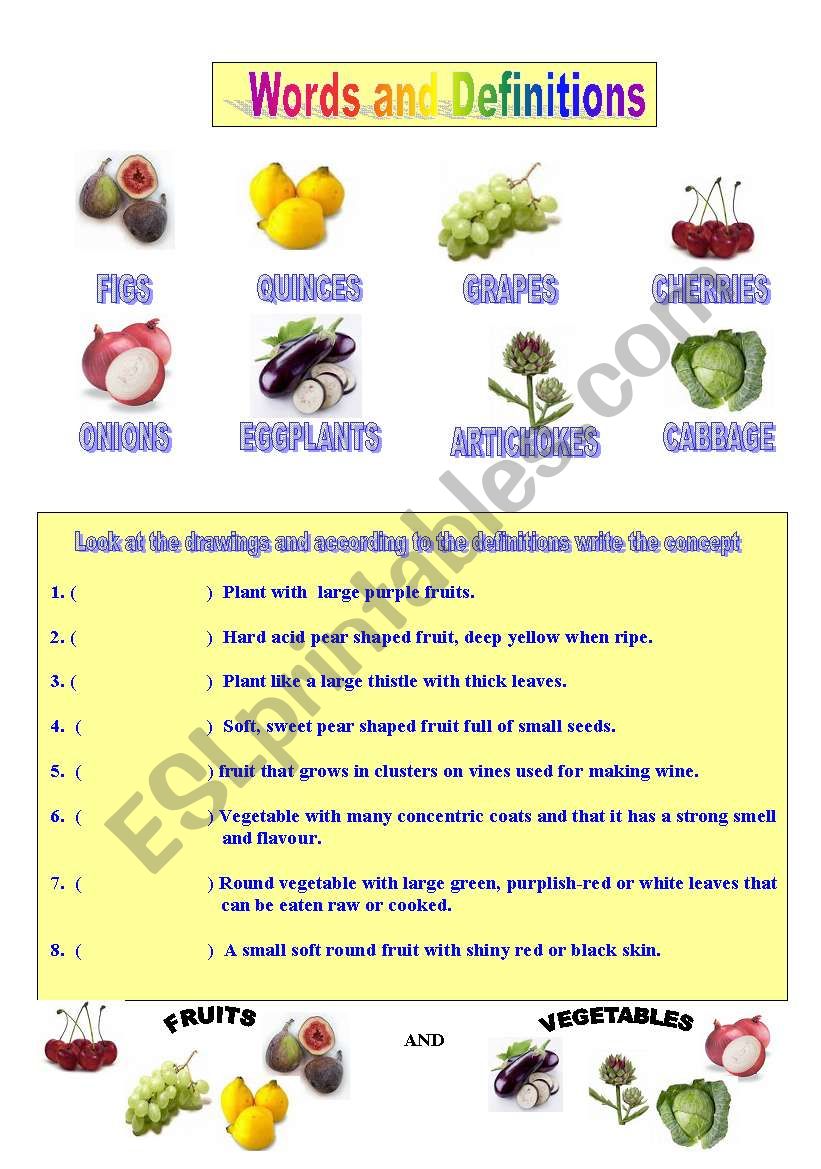 Words and definitions worksheet