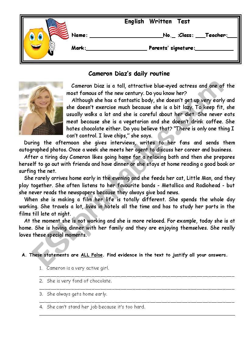 7th form test- Cameron Diaz worksheet