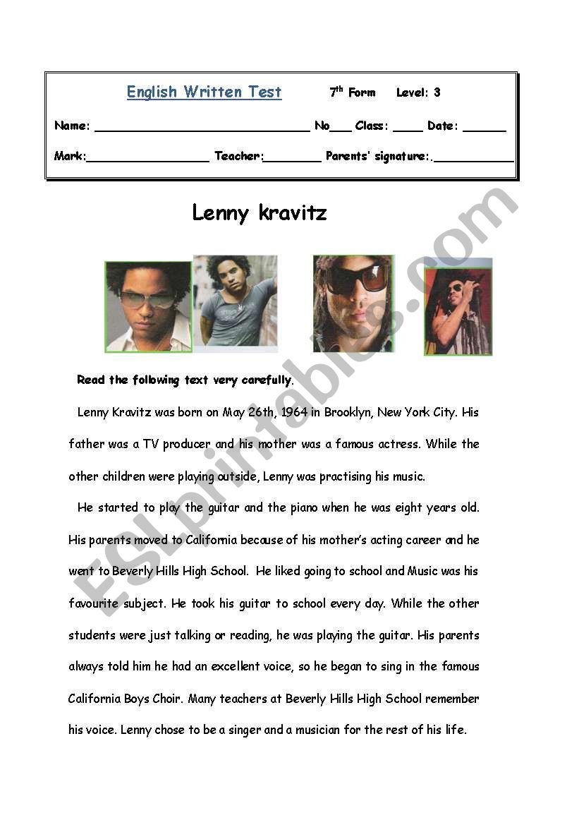 Lenny kravitz- 7th form test worksheet