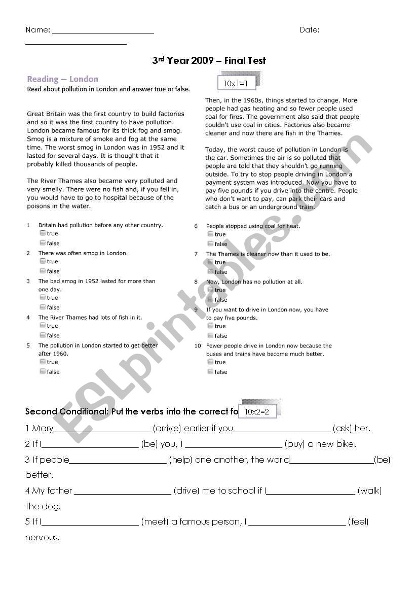 Final test for pre-intermediate students