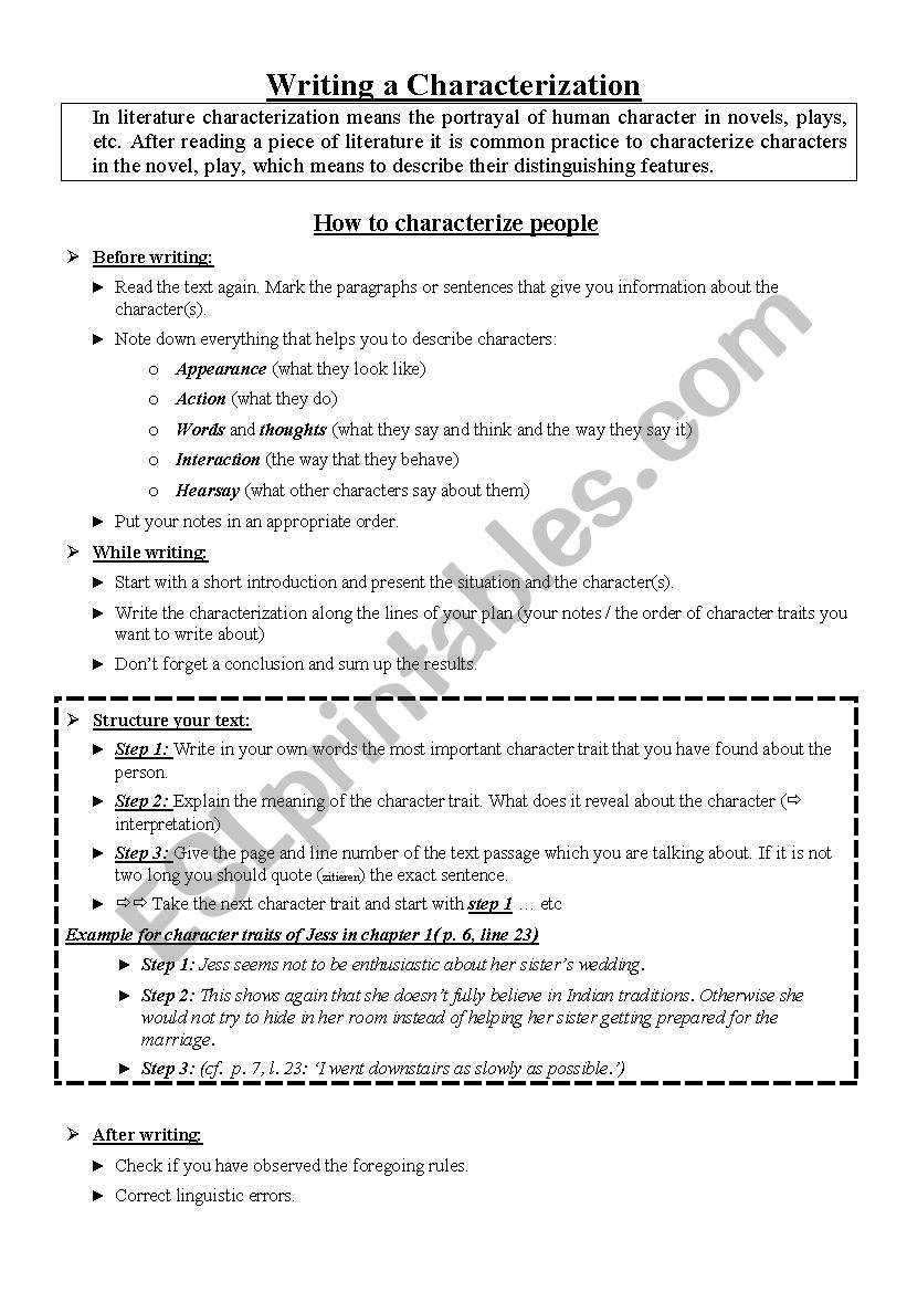 Writing a Characterization worksheet