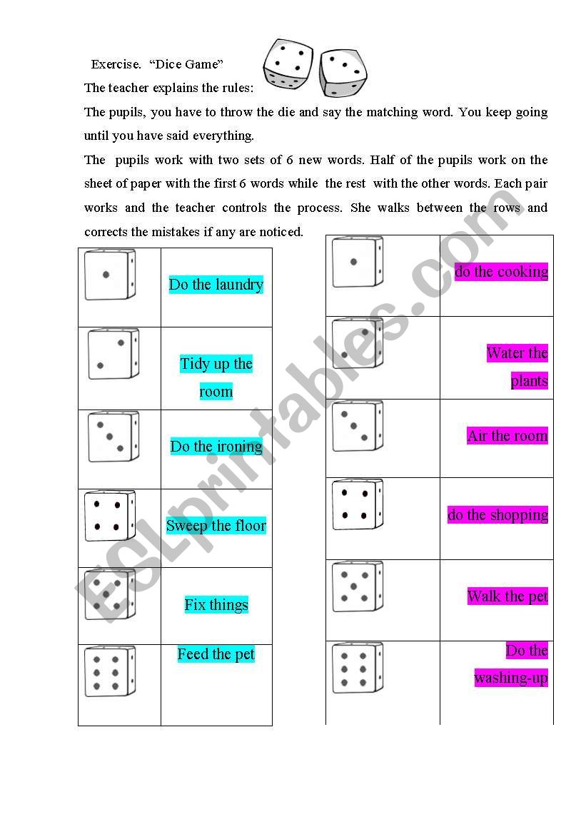 dice game worksheet