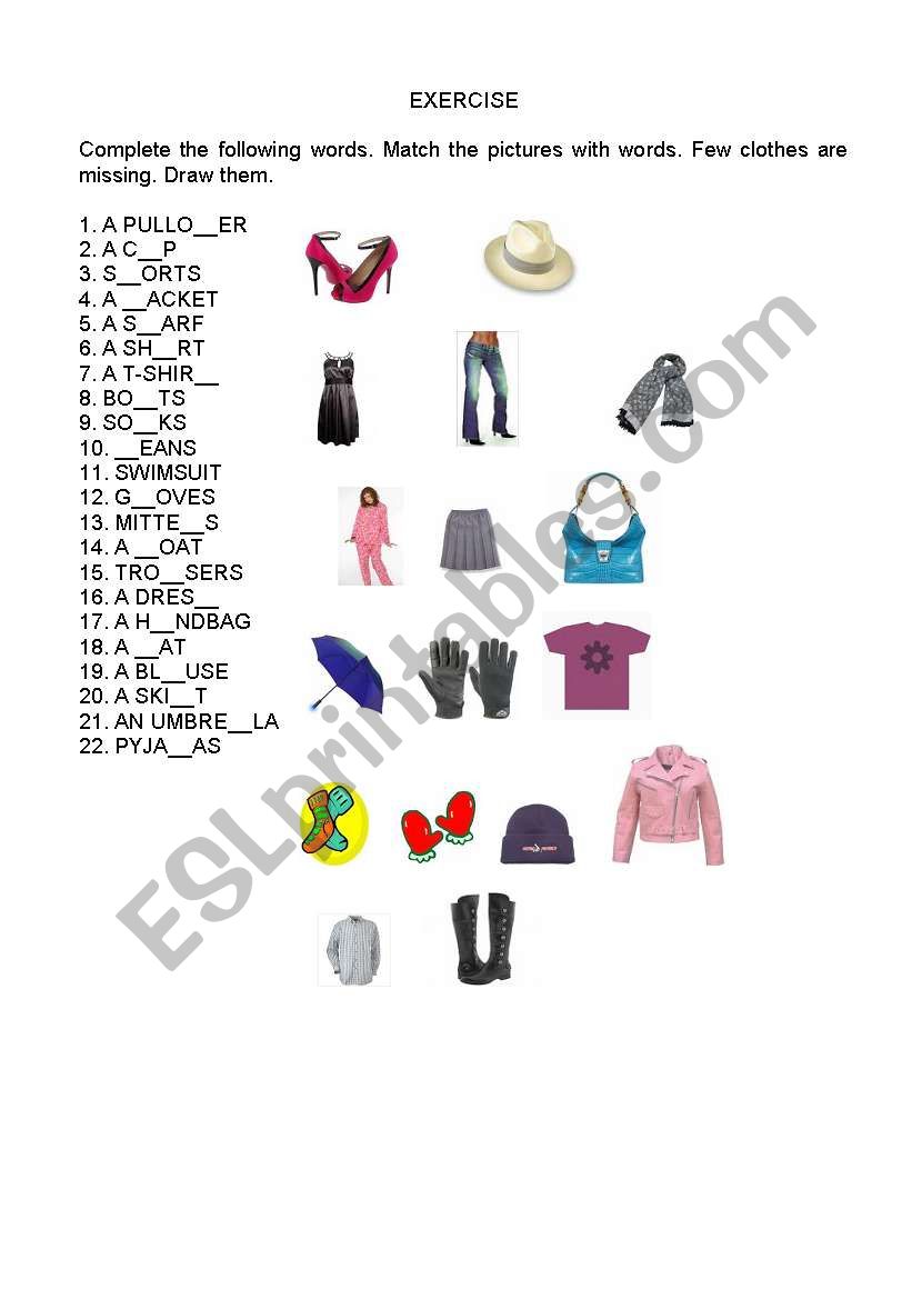 Clothes - the missing letters worksheet