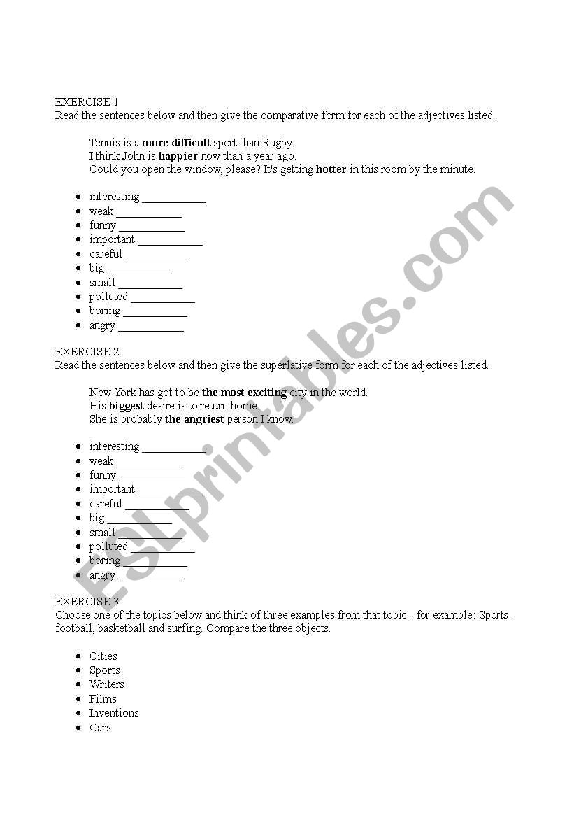 superlatives comparatives worksheet