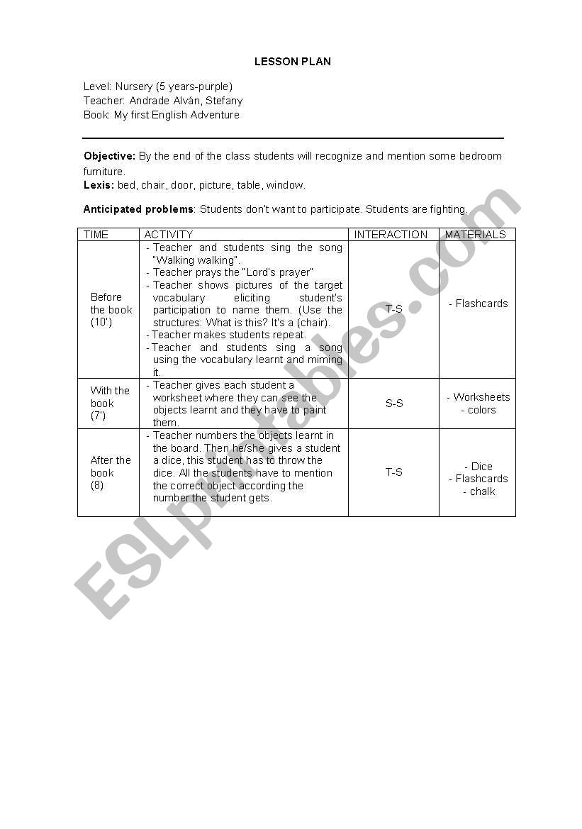 Lesson plan-bedroom furniture worksheet