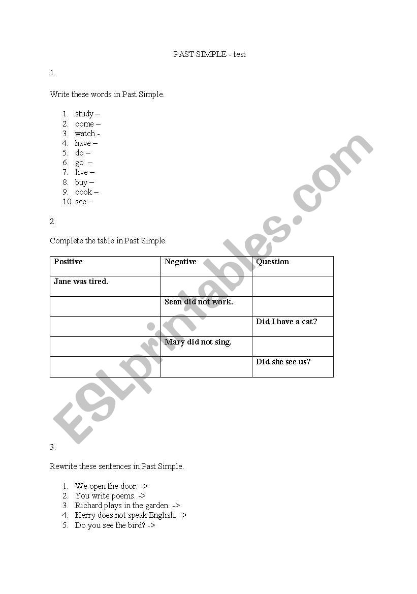 Past Simple - Test worksheet