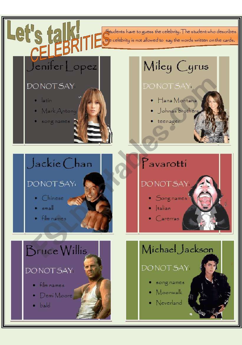 Taboo cards: Celebrities  worksheet