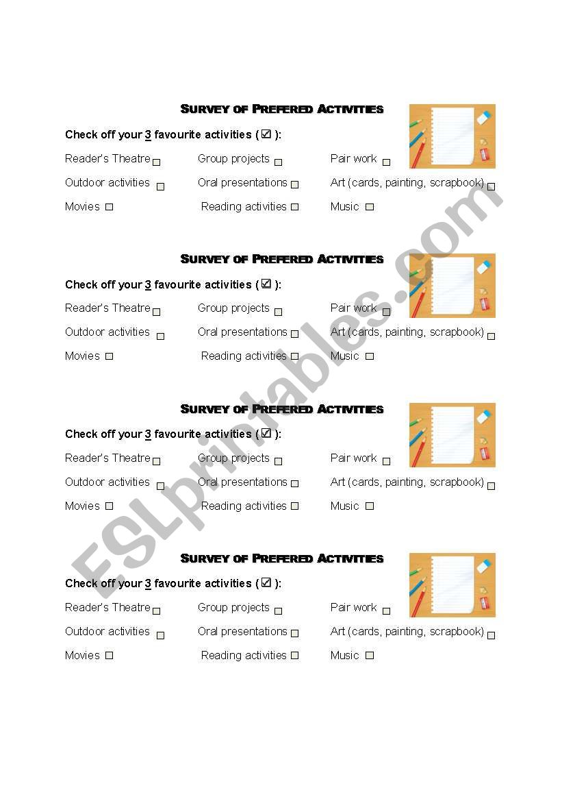 Survey of Prefered Activities worksheet