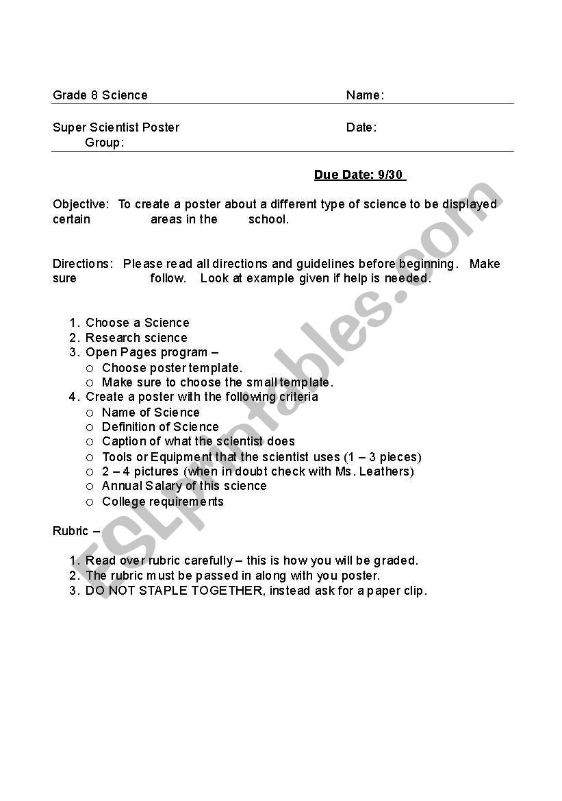 Super Science Poster  worksheet