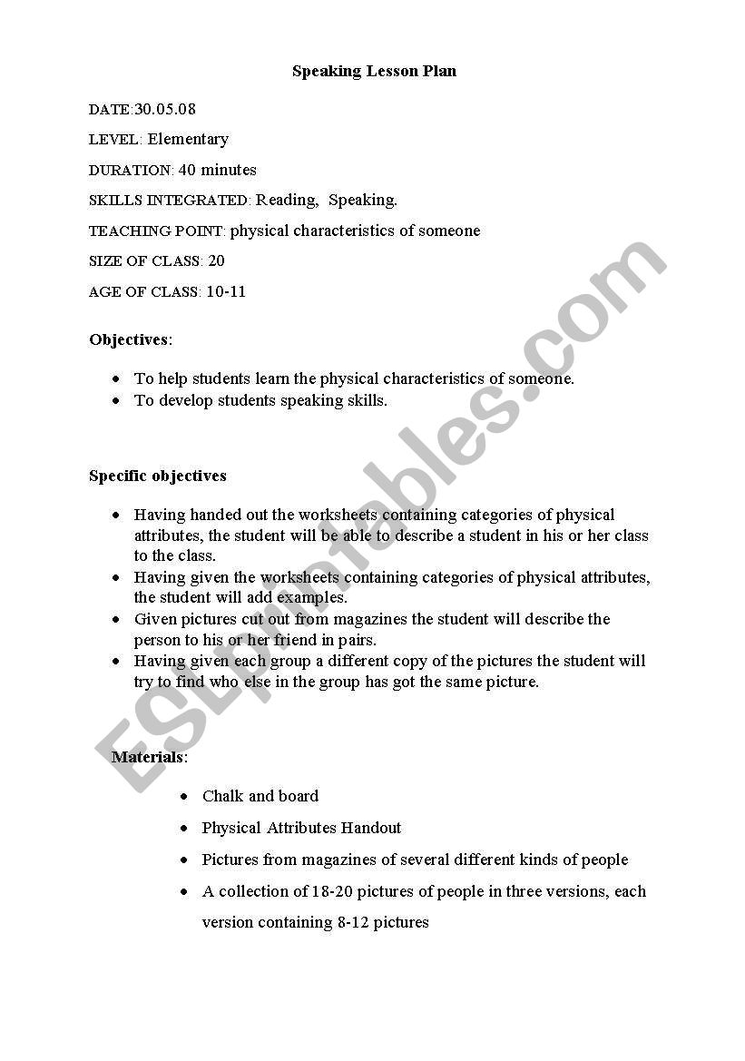 speaking lesson plan worksheet