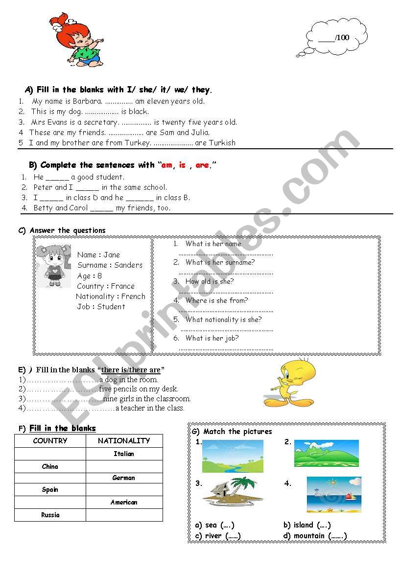 an exam paper for elementary students