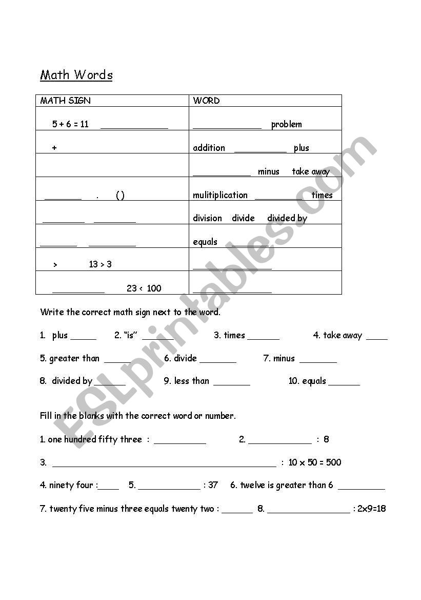 Math words worksheet